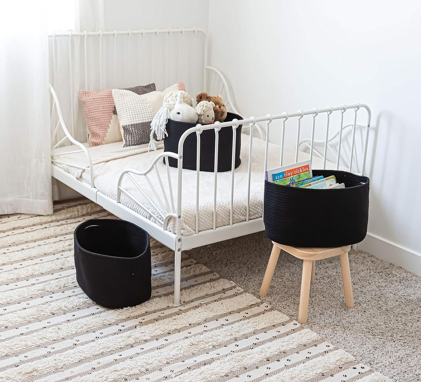 OrganiHaus Set of 3 Woven Storage Baskets for Organizing, Cotton Rope Organizer Bins for Shelves, Closet & Nursery, Dog Toy Basket, Decorative Bins for Toys, Towels & Books - 15x10x9, Black