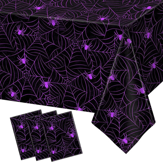 TREWAVE 3 Pack Halloween Spiderweb Tablecloth Rectangular Plastic Spider Web Table Cloth Large Size Table Covers for Home Decor Halloween Party Decorations 54" x 108" (Purple Spider)