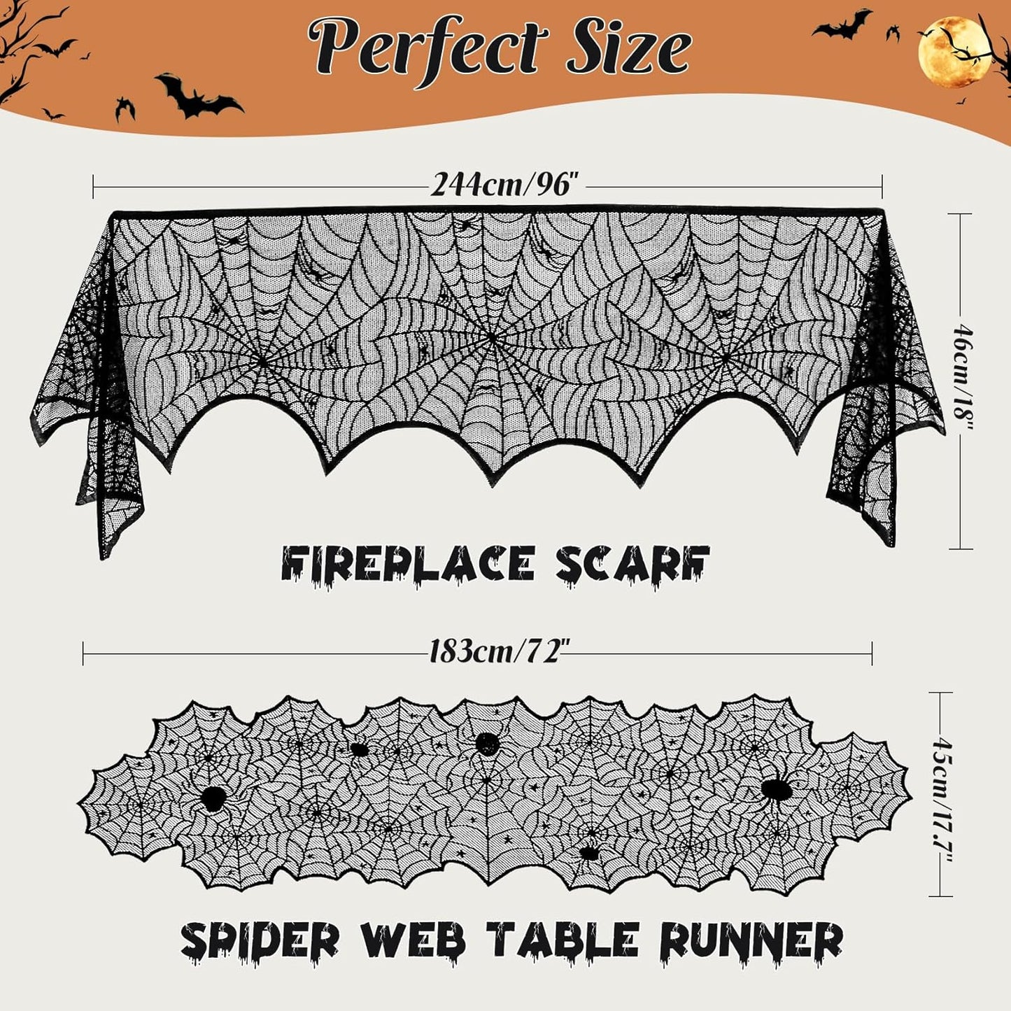 3 Pack Halloween Decorations Sets, Black Lace Spider Webs Table Runner & Halloween Cobweb Fireplace Scarf with 120 pcs 3D Bat for Halloween Indoor Decors Party Supplies