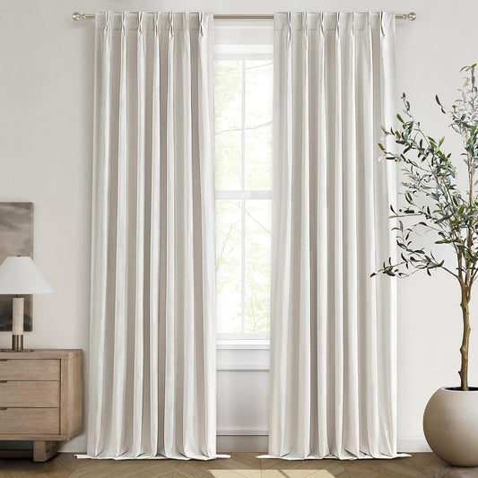 102 Inch Long Curtains Blackout for Bedroom 80 Inches Wide Total Each 40 2 Panels Pinch Pleated Linen Neutral Modern Farmhouse Style Window Drapes for Living Room Back Tab (Beige Ivory)