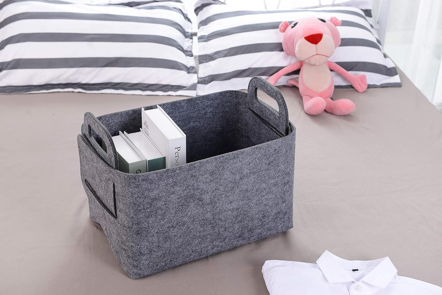 Minoisome Storage Basket Felt Storage Bin Collapsible& Convenient Box Organizer with Carry Handles for Office Bedroom Closet Babies Nursery Toys Laundry (Grey, 17.9inch（L）×12.2inch（W）×11.6inch（H）)