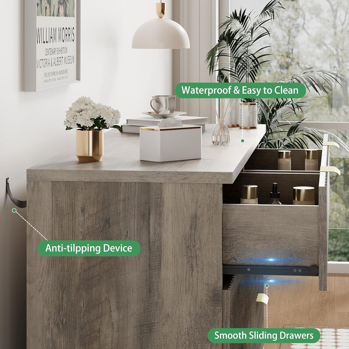 Fluted Dresser for Bedroom with 8 Drawers, 48" Wide Modern Chest of Drawers with Metal Handle, Wooden Dresser TV Stand, Wood Closet Clothes Storage Drawer Organizer for Living Room, Hallway, Grey