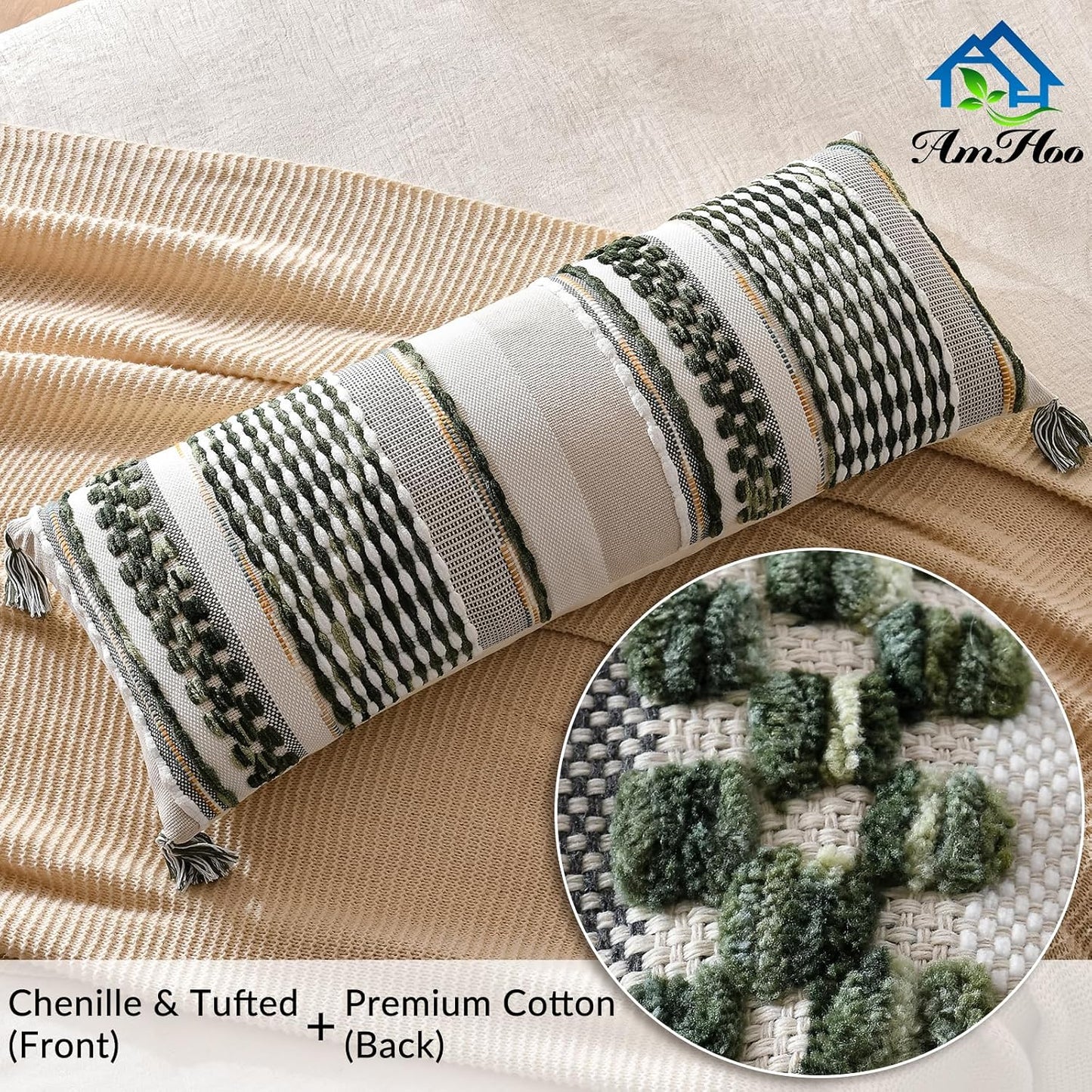 AmHoo Chenille Striped Textured Boho Throw Pillow Covers Aesthetic with Tassels Woven Decorative Pillow Case for Couch Bed Sofa Bedroom Modern Funky 14 x 36-Inch Sage Green