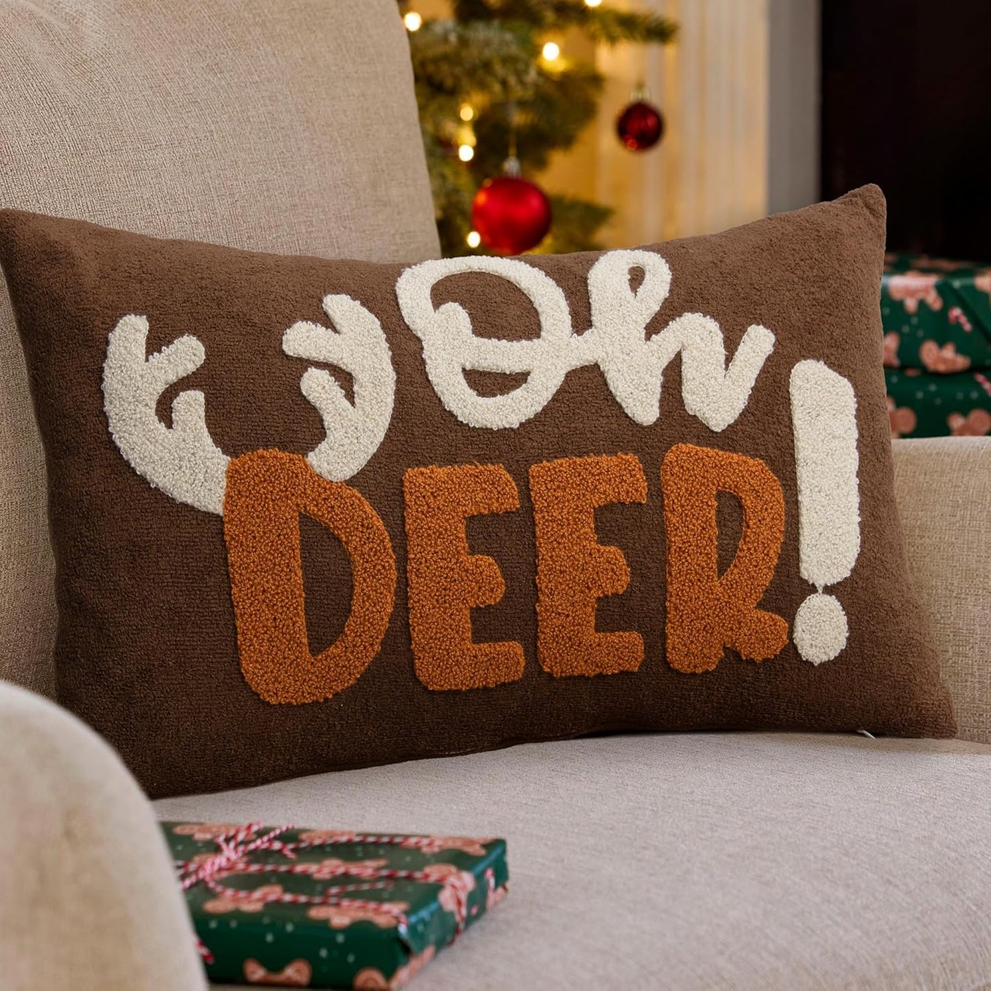 Embroidered Deer Christmas Pillow Covers 12x20, Cute Embroidered Throw Pillow Covers Christmas Decorations Holiday Pillows for Home Couch,Brown/Pumpkin