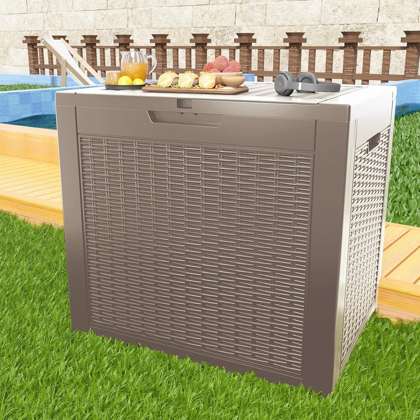 36 Gallon Outdoor Deck Box,Storage Lockable Waterproof Patio Furniture,Garden Tools,Cushions,Pool Accessories Outside Storage Resin Box(Grey Pattern)