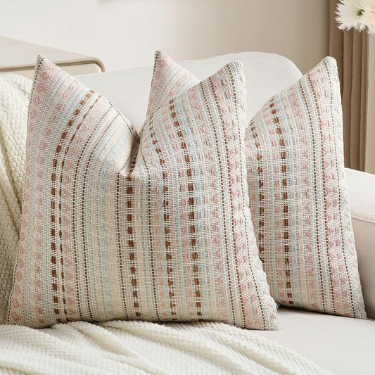 FUTEI Pink Blue Decorative Throw Pillow Covers 18x18 Inch Set of 2,Soft Cozy Chenille Jacquard Textured Cushion Case,Boho Home Decor for Couch Bed Living Room