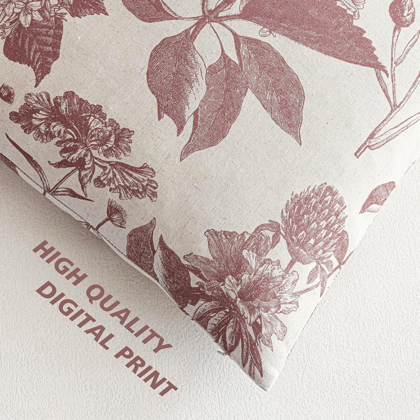 Foindtower Set of 2 Linen Floral Vintage Throw Pillow Covers Neutral Accent Print Decorative Cushion Covers Farmhouse Home Decor for Sofa Chair Couch Bedroom Living Room Outdoor,22×22 Inch,Dark Pink