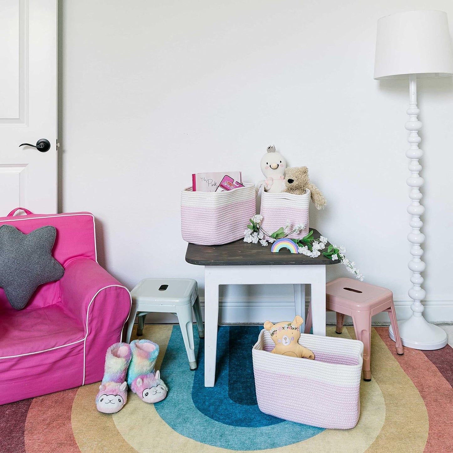 OrganiHaus Set of 3 Woven Storage Baskets for Organizing, Cotton Rope Organizer Bins for Shelves, Closet & Nursery, Dog Toy Basket, Decorative Bins for Toys, Towels & Books - 15x10x9, Pink/Off-White