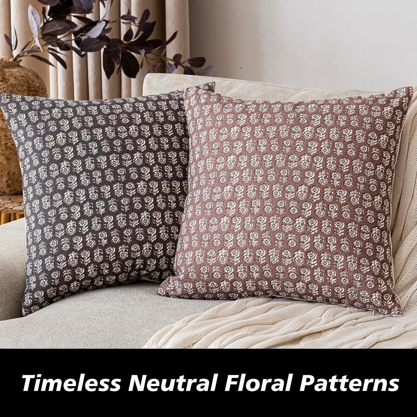 Foindtower Set of 2 Decorative Vintage Floral Print Throw Pillow Covers Neutral Modern Farmhouse Cushion Covers Boho Home Decor for Sofa Chair Couch Bedroom Living Room Outdoor,18×18 Inch,Wine Red