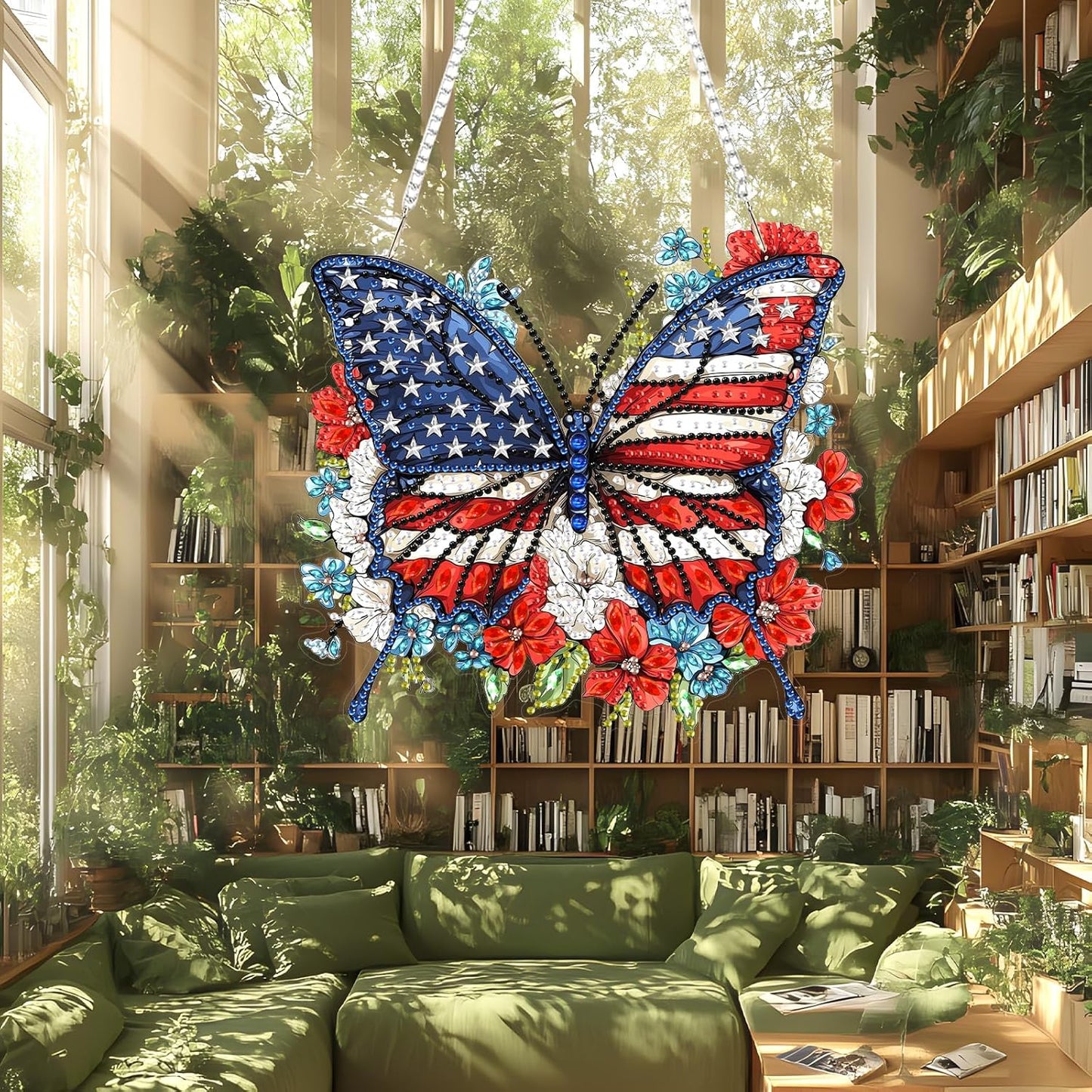 Lxmsja DIY Butterfly Diamond Painting Hanging Ornament, Double-Sided Acrylic American Flag Diamond Art Kit, Special Shaped Drill Pendant Window Art Kit, Suncatcher Hanging Craft Decoration 7×8 inch
