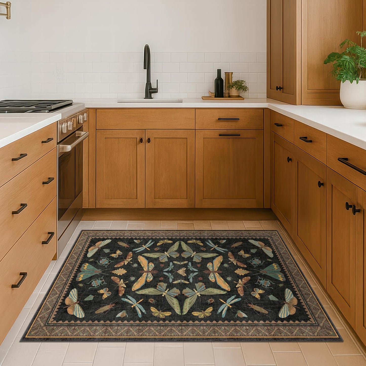 3x5 Entryway Rug Non Slip Washable - Black Throw Rug for Kitchen, Mudroom, Bedroom Bedside, Insect Boho Vintage Aesthetic Décor