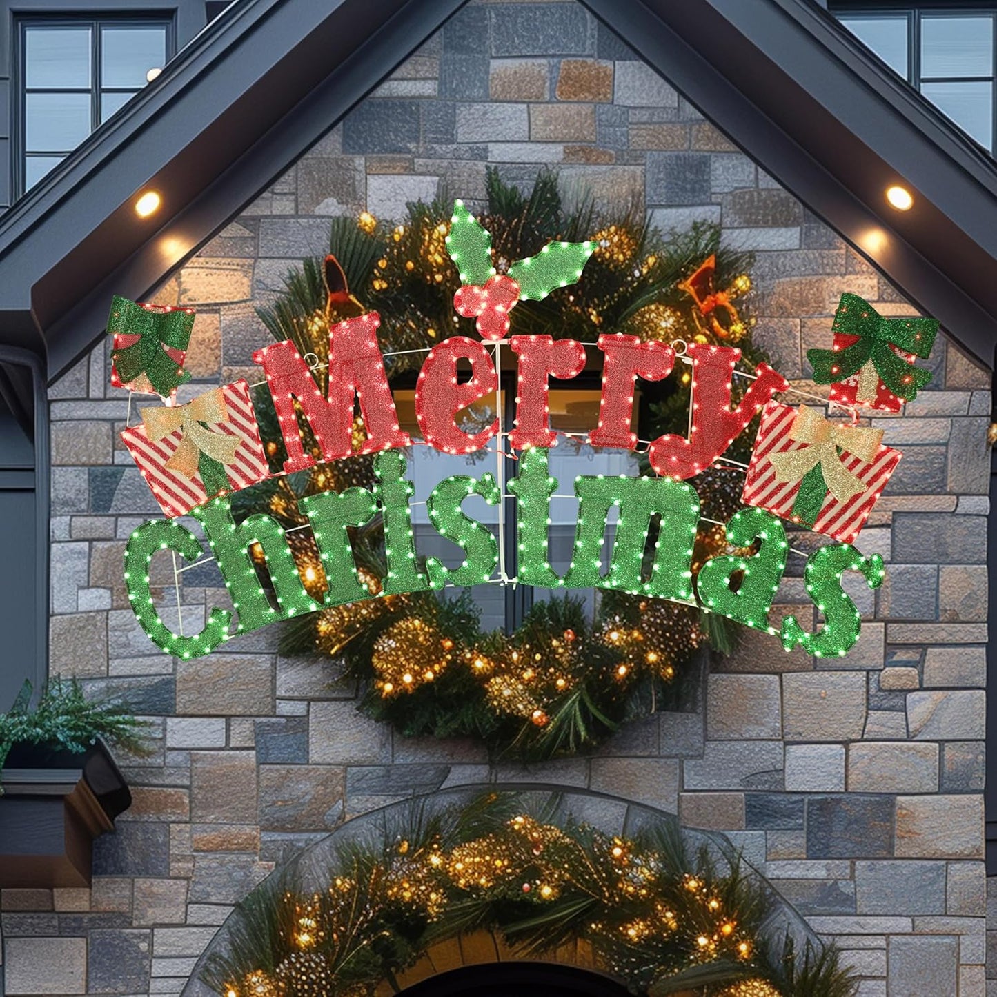 6FT Merry Christmas Sign for Decoration, 2-in-1 Pre-Lit Holiday Greeting Sign Decor with 456 LED Lights, Freestanding or Hanging Glittered Holiday Display for Outdoor, Indoor
