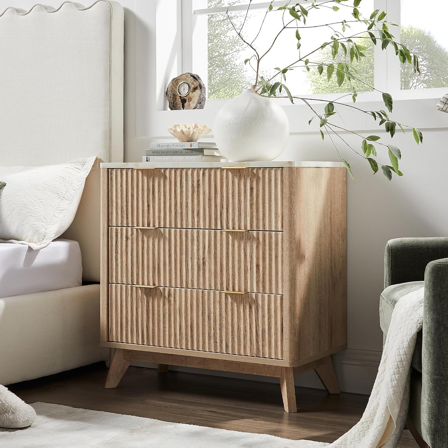 T4TREAM 32" Tall Fluted Nightstand Set of 2, Modern Side Table with Faux Marble Top, 3 Drawers End Table w/Storage, Bedside Table for Bedroom, Living Room, Curved Profile Design, Natural Oak