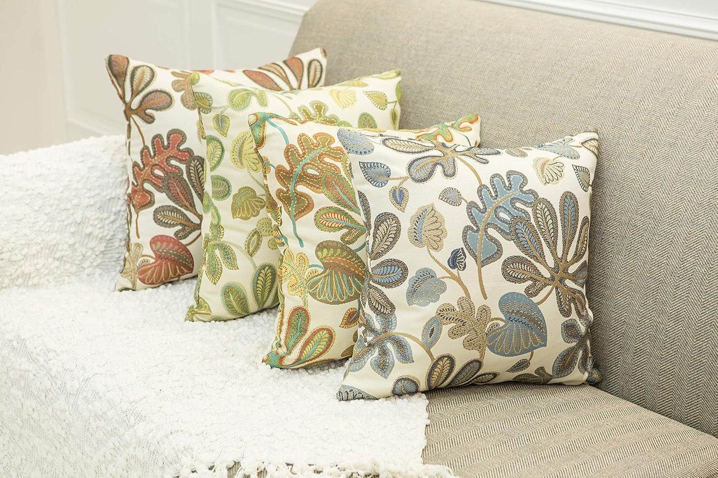 Set of 2 Jacquard Tropical Leaf Pattern Throw Pillow Covers Decorative Pillowcase 22X22 Inches,Teal Cream