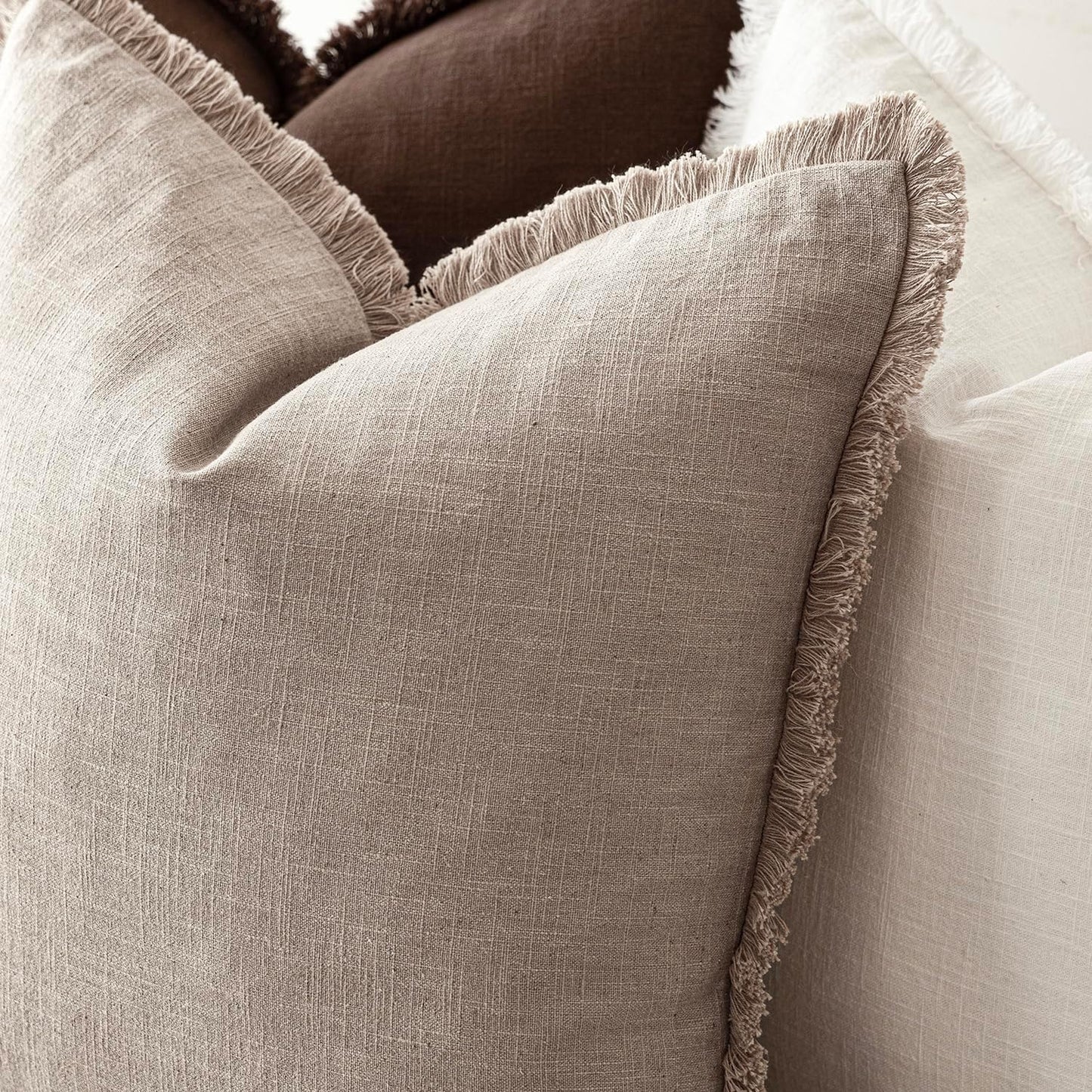 Foindtower Set of 2 Decorative Linen Fringe Lumbar Throw Pillow Covers Farmhouse Cushion Cover with Tassels Accent Pillowcase for Couch Sofa Bed Living Room Home Decor,12×20 Inch,Natural Linen