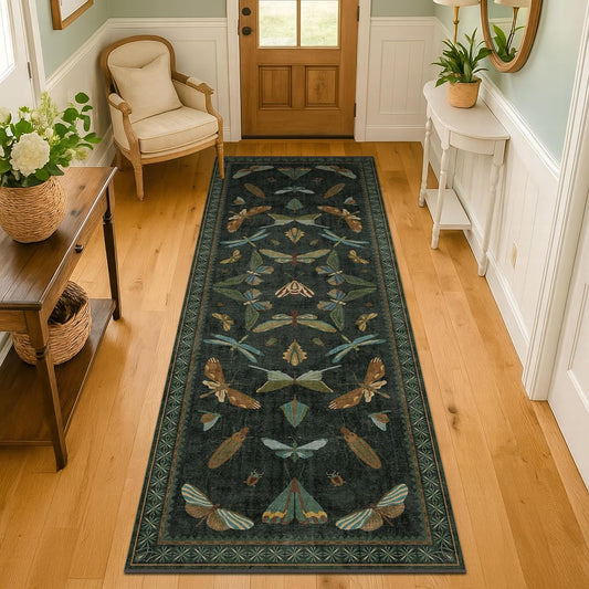 2x6 Entryway Runner Rug - Dark Green Kitchen Runners, Insect Floral Indoor Floor Décor, Washable Soft Non Slip with Rubber Backed