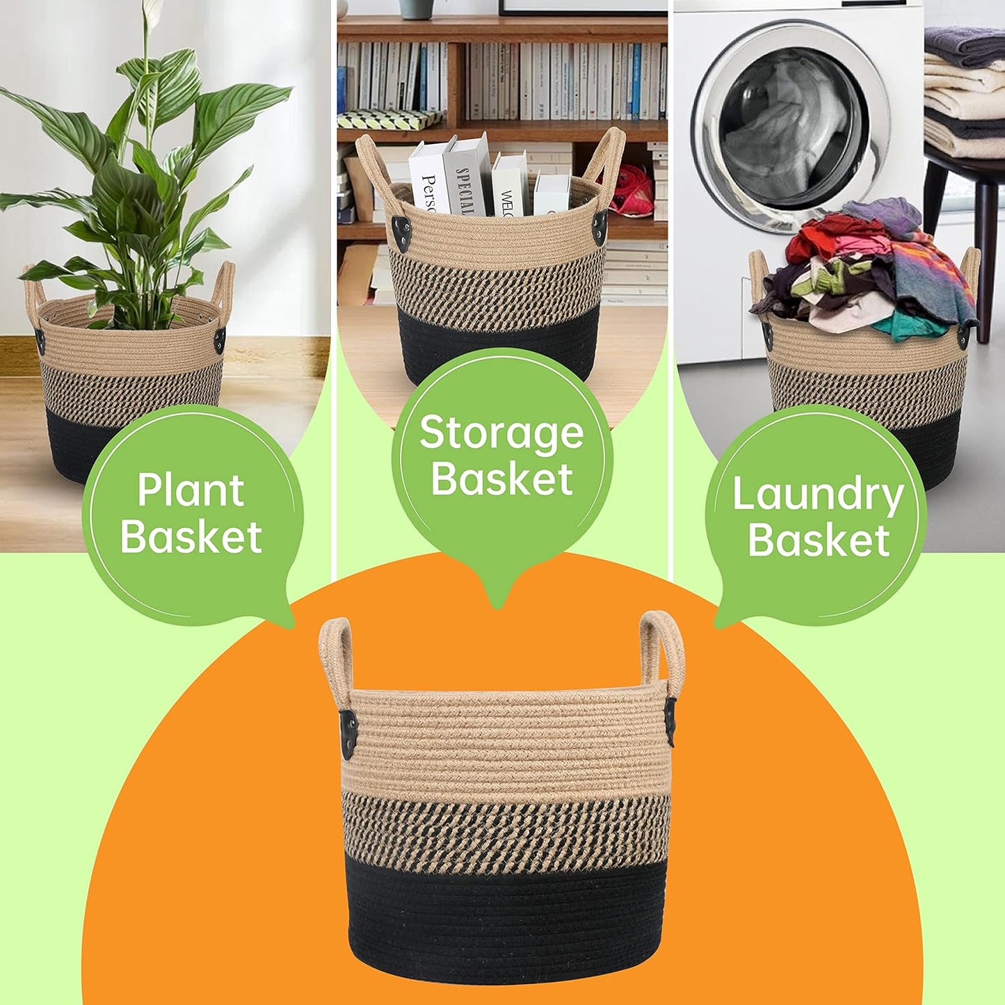 14"x12" Natural Jute Rope Woven Storage Basket with Handles for Plant, Blankets,Toys - Living Room Home Decor,Multifunctional Basket for Organizer,Picnic,Artificial Tree Black and Beige