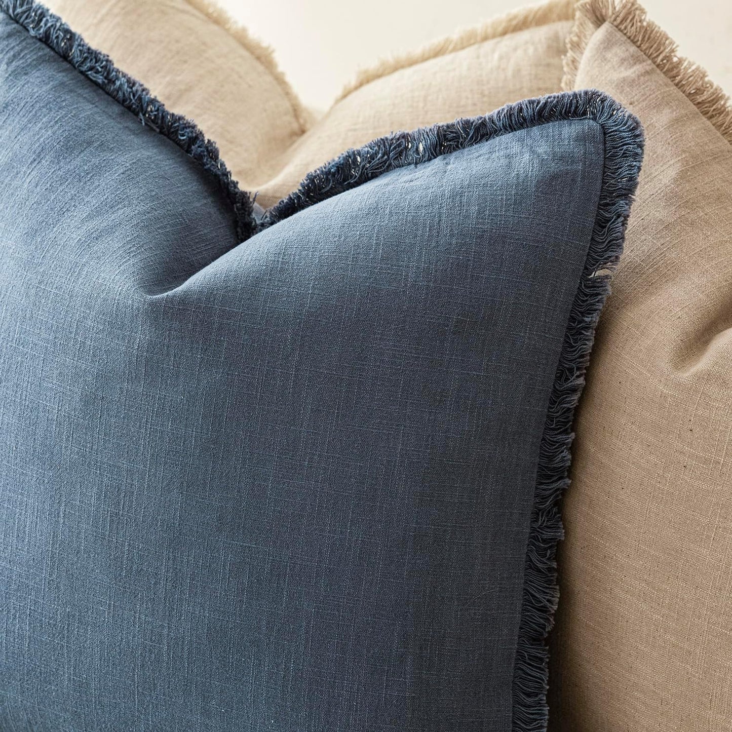 Foindtower Set of 2 Decorative Linen Fringe Throw Pillow Covers Cozy Farmhouse Cushion Cover with Tassels Accent Pillowcase for Couch Chair Sofa Bed Living Room Home Decor,20×20 Inch,Dark Blue