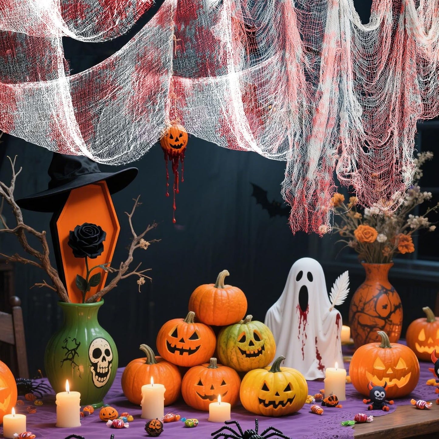 5Pcs Halloween Blood Red Creepy Cloth- Spooky Gauze Fabric Cloth for Haunted Horror House Halloween Party Doorway Outdoors Decoration (30" ×72")