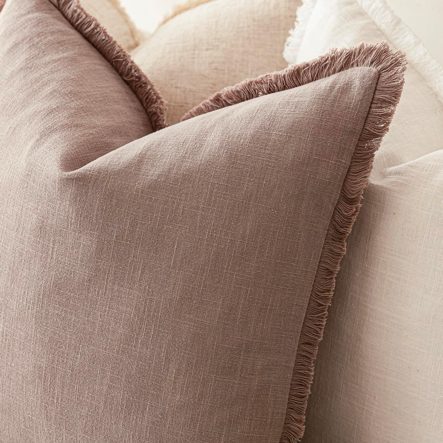 Foindtower Set of 2 Decorative Linen Fringe Throw Pillow Covers Boho Farmhouse Cushion Cover with Tassels Soft Accent Pillowcase for Couch Sofa Bed Living Room Home Decor,20×20 Inch,Dusty Pink