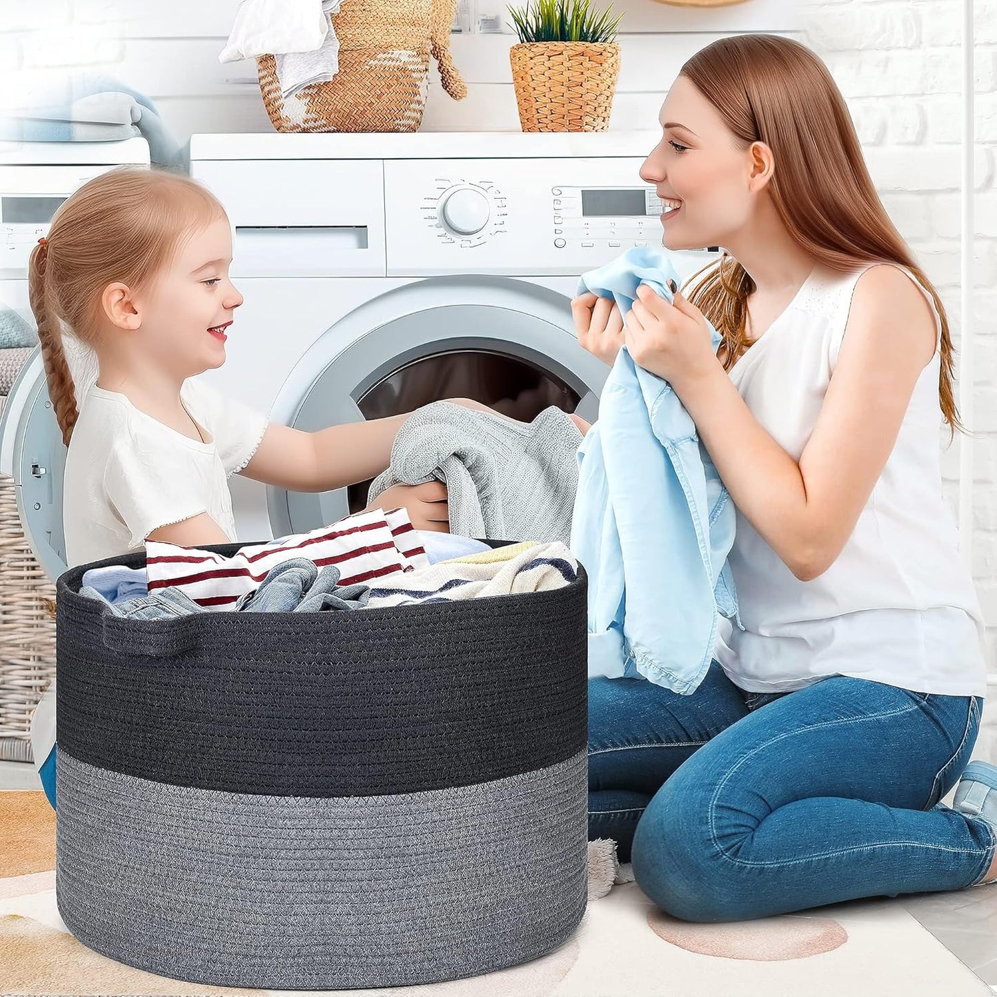 Ravinte Blanket Basket - 20"x 20"x 13" Cotton Rope Basket for Living Room, Baby Toy Storage Basket, Large Woven Laundry Basket (Black-Gray)