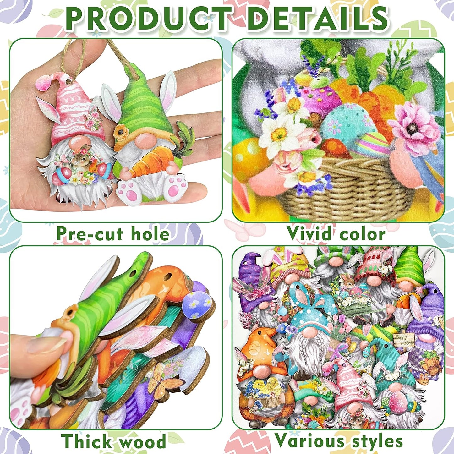 24 Pieces Easter Wooden Gnome Hanging Ornaments Hanging Decor for Easter Tree Decoration Gnomes Bunny Doll Wooden Hanging Craft