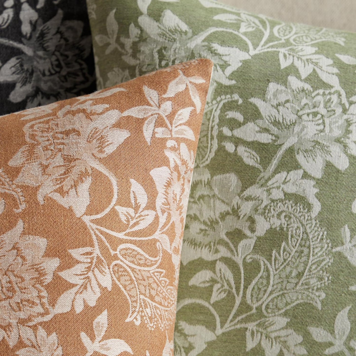 Floral Jacquard Throw Pillow Covers Set of 2, Background/Green 22x22 Inch, Farmhouse Decorative Cotton Sage Green Cushion Covers for Sofa Bed Living Room Home Decor