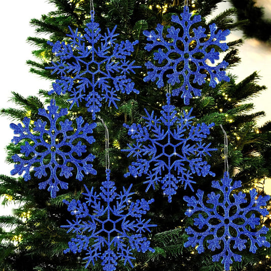 6pcs Large Navy Blue Snowflakes Ornaments 12" Big Plastic Glitter Snowflake for Winter Indoor Outdoor Christmas Tree Window Room Decorations Giant Craft Snowflakes