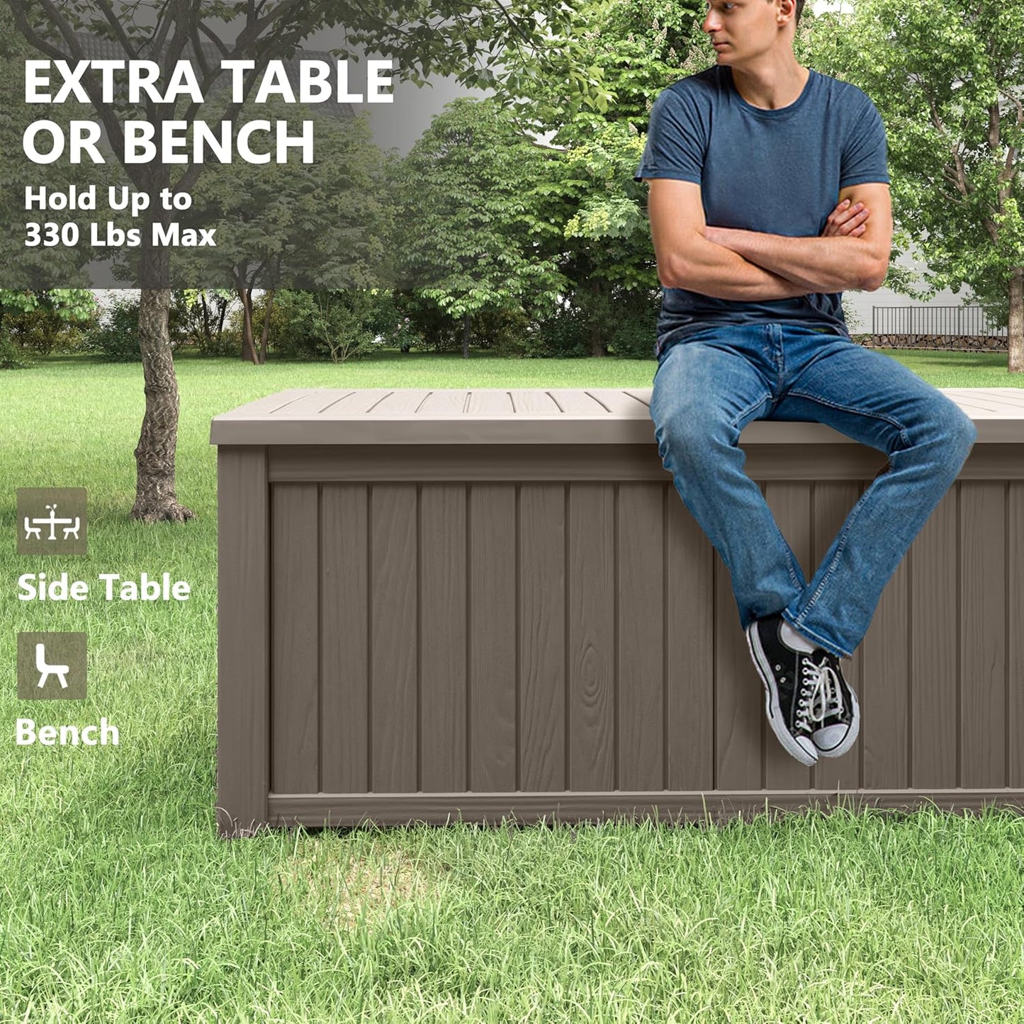 150 Gallon Resin Deck Box, Large Indoor and Outdoor Storage Box, Weatherproof and UV Resistant Outdoor Storage Box with Built-in Steel Beams for Patio, Cushions, Pool Supplies