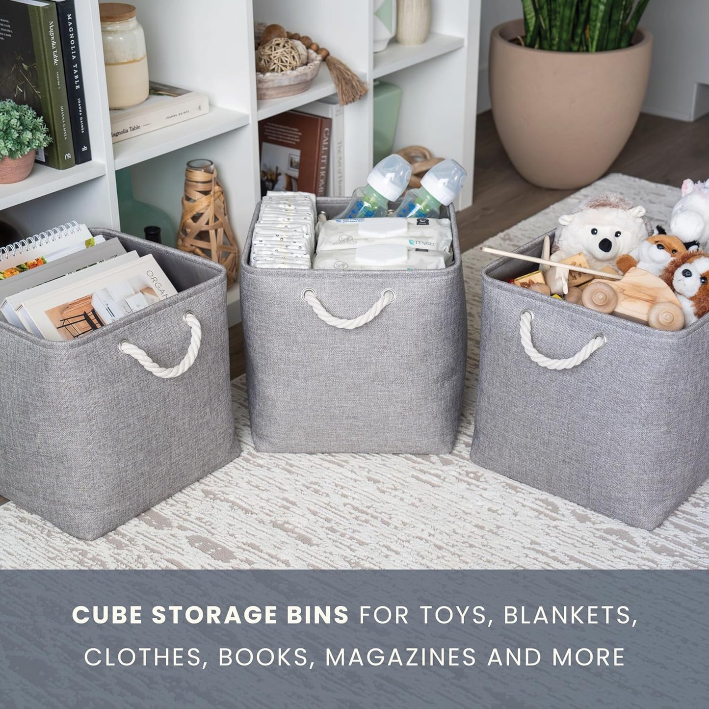 OrganiHaus 13x13 Cube Storage Bins 4 Pack, Foldable Cube Storage Organizer w/ Rope Handles, Collapsible Fabric Bins for Toys, Clothes & Closet Organization, Fabric Square Baskets - Gray