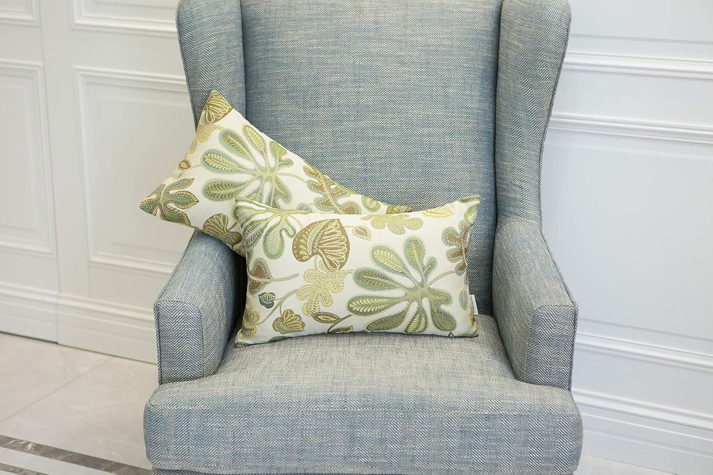 Set of 2 Jacquard Tropical Leaf Pattern Oblong Throw Pillow Covers Accent Pillowcase 12X20 Inches,Green Cream