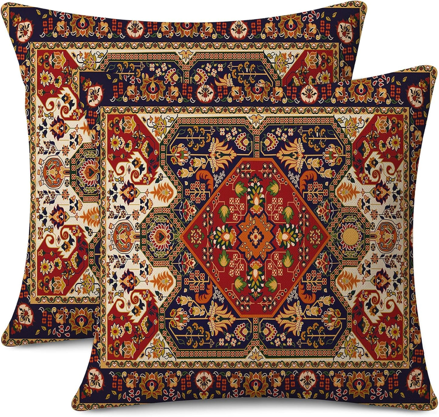 Outdoor Waterproof Pillow Covers 18X18 Inch Set of 2 Tribal Abstract Red and Yellow Vintage Carpet Pattern Decorative Farmhouse Pillow Covers for Couch Garden Balcony
