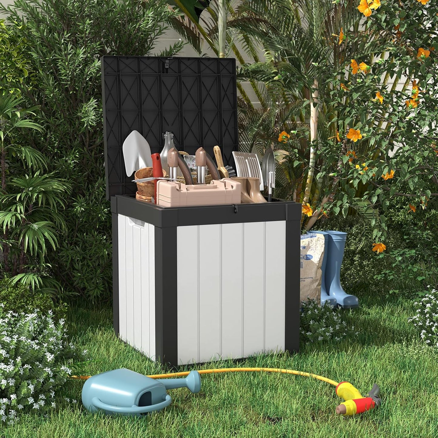 40 Gallon Resin Deck Box, Lockable Patio Outdoor Storage Box for Furniture, Garden Tools and Tools Storage, Waterproof Outside Storage Boxes - Black&White