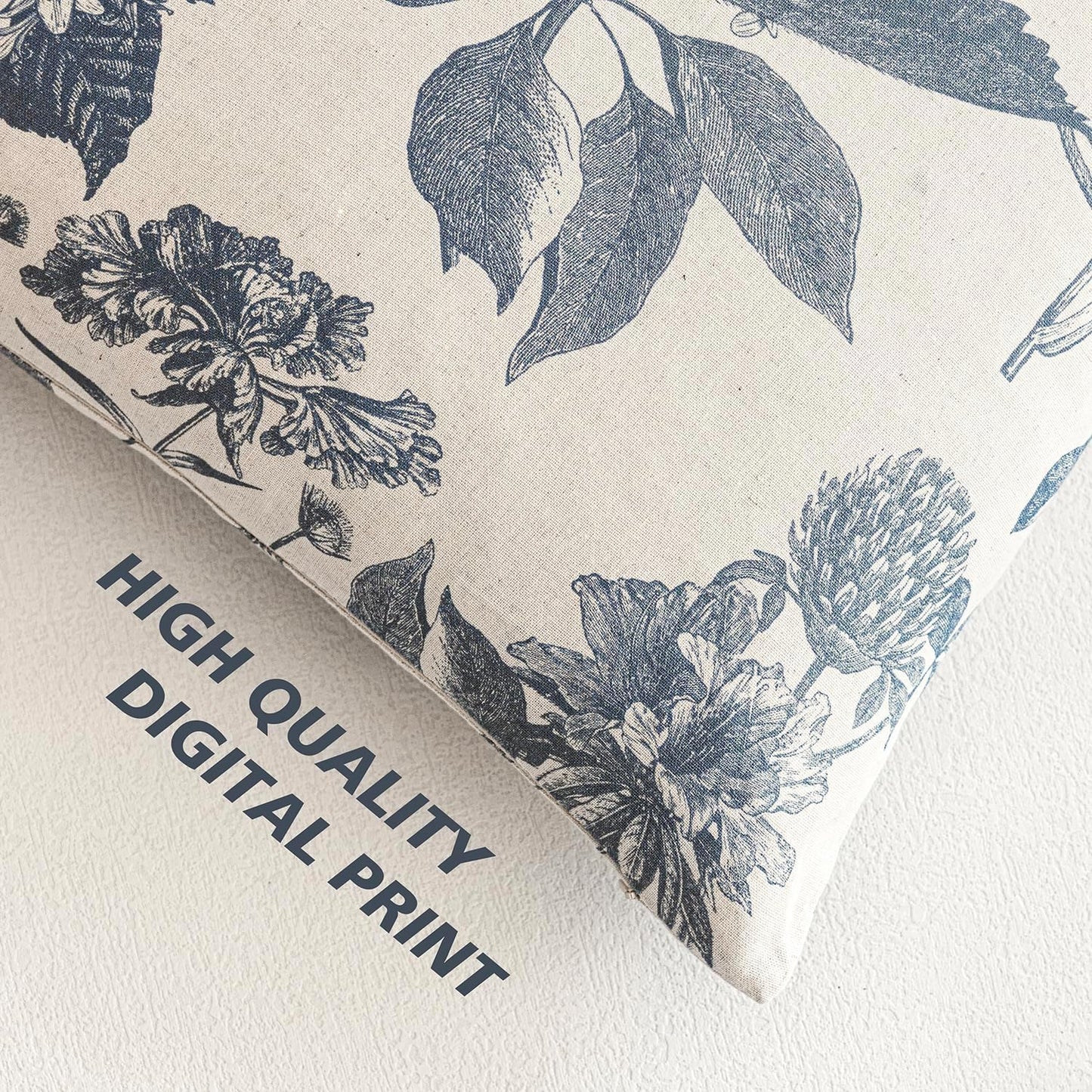 Foindtower Set of 2 Linen Floral Vintage Throw Pillow Covers Neutral Accent Print Decorative Cushion Covers Farmhouse Boho Home Decor for Sofa Chair Couch Bedroom Living Room Outdoor,18×18 Inch,Blue