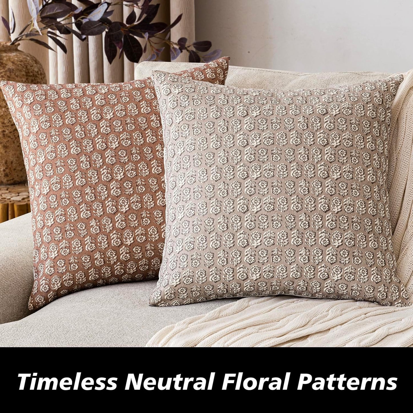 Foindtower Set of 2 Decorative Vintage Floral Print Throw Pillow Covers Neutral Farmhouse Cushion Covers Boho Home Decor for Sofa Couch Chair Bedroom Living Room Outdoor,24×24 Inch,Light Orange Brown