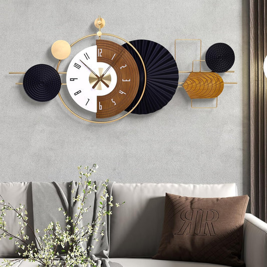 38.9X18inch Extra Large Wall Clock Battery Operated Decorative Modern Clocks for Living Room,Luxury Geometric Wall Clock Artistic Iron Wood Clocks for Suitable for Bed Room, Kitchen, Office