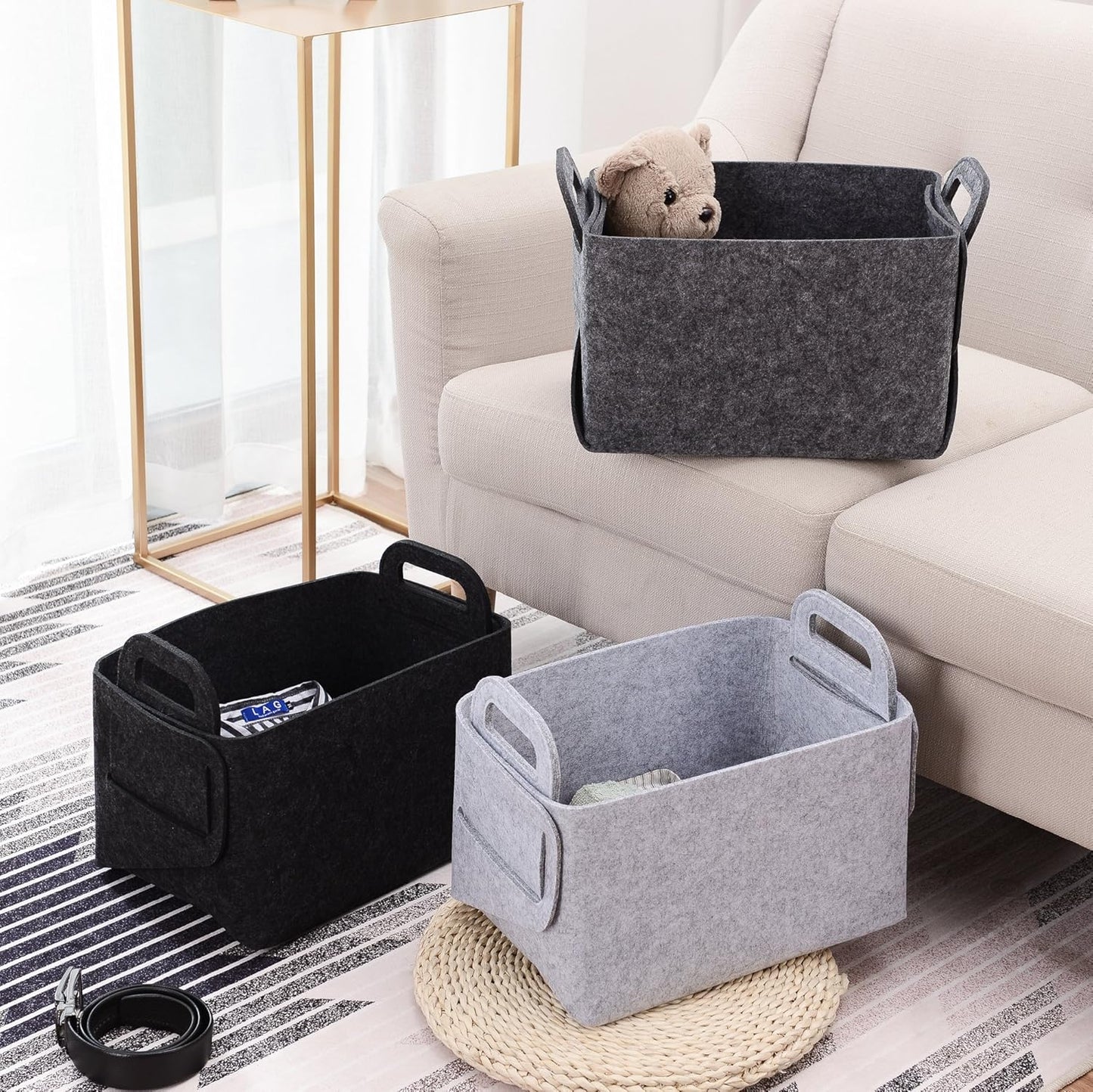Minoisome Storage Basket Felt Storage Bin Collapsible& Convenient Box Organizer with Carry Handles for Office Bedroom Closet Babies Nursery Toys Laundry (Dark grey, 13.8inch（L）×9.5inch（W）×8.3inch（H）)