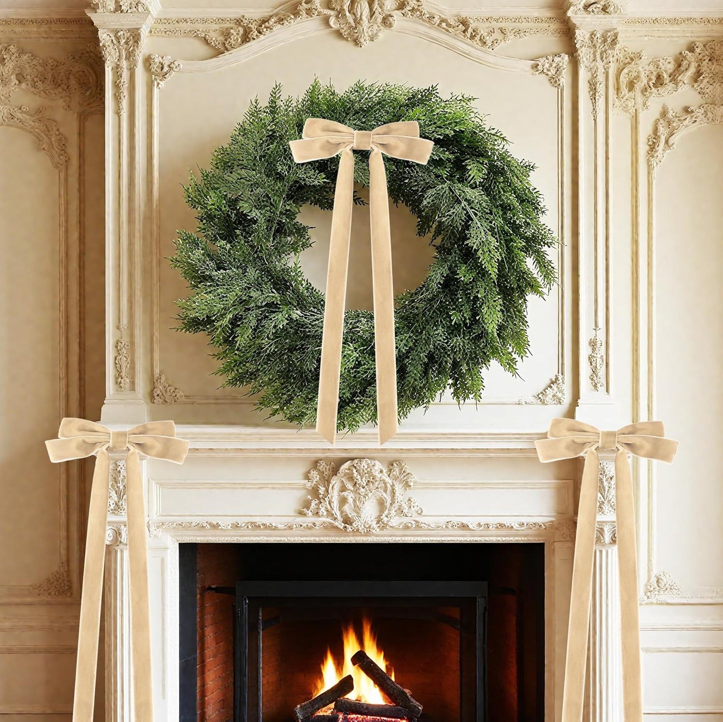 Senjie 10Pcs Large Velvet Christmas Tree Bows, 20in x 8in Premade Vintage Ribbon Tree Topper Bows Ornaments for Staircase Garland Wreath Holiday Home DIY Crafts Decorations, Khaki