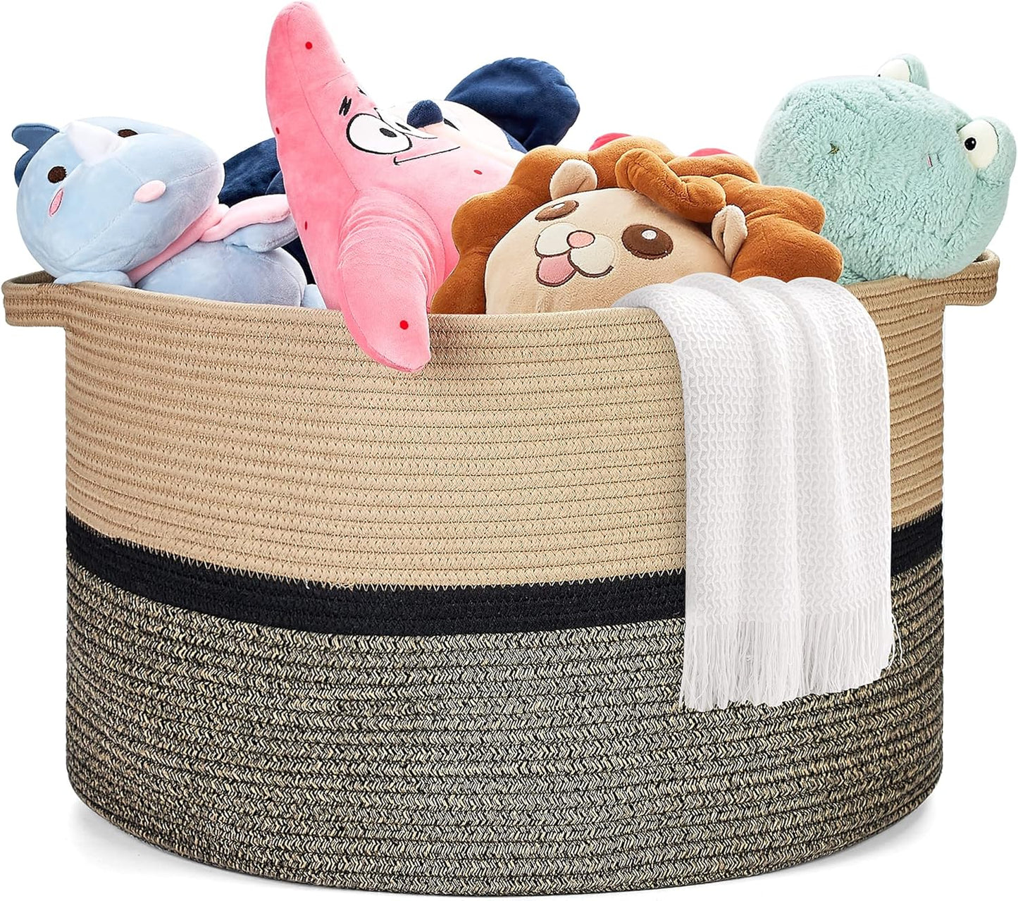 Ravinte Blanket Basket - 20"x 20"x 13" Cotton Rope Basket for Living Room, Baby Toy Storage Basket, Large Woven Laundry Basket (Brown-Black)