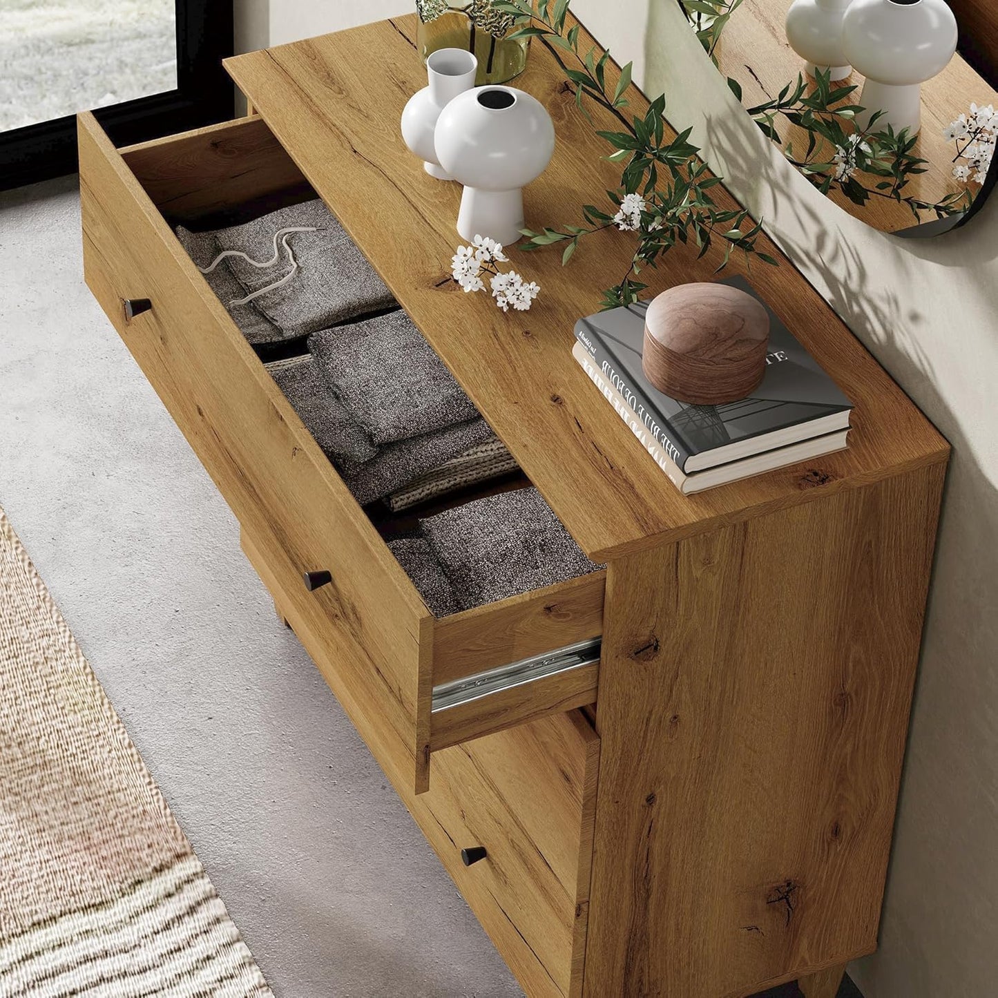 WAMPAT Bedroom Dresser with 3 Drawers, 35.4" Wide Wood Kids Dressers, Chest of Drawers, Modern Closet Organizer Bachelors Chest w/Solid Wood Legs for Living Room, Baby Room, Nursery, Oak Brown