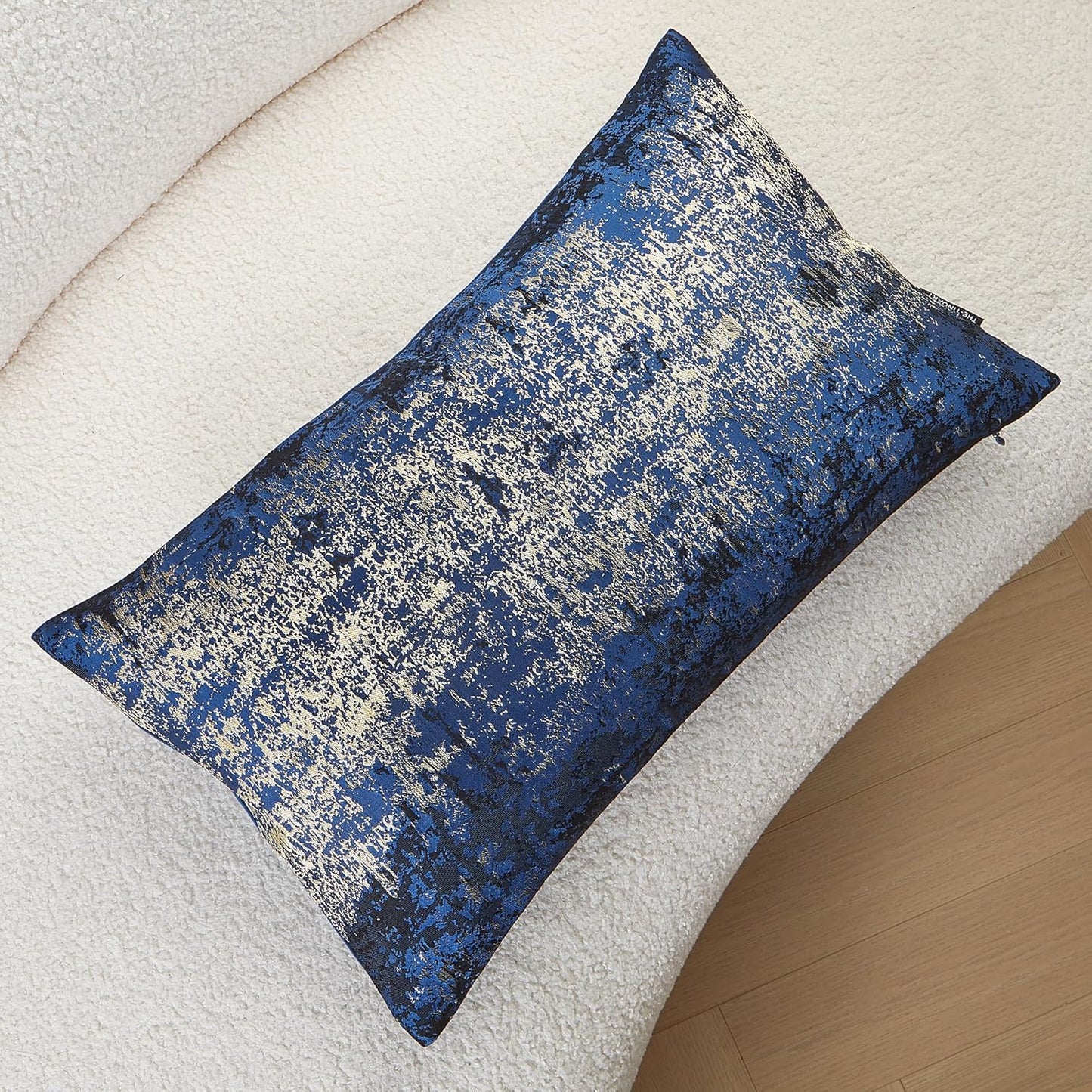 THE-TINOART Navy Gold Jacquard Pillow Cover 12x20 - Reversible Design with Gold Thread Embroidery, Luxury Velvet Back for Sofa & Bed Decor