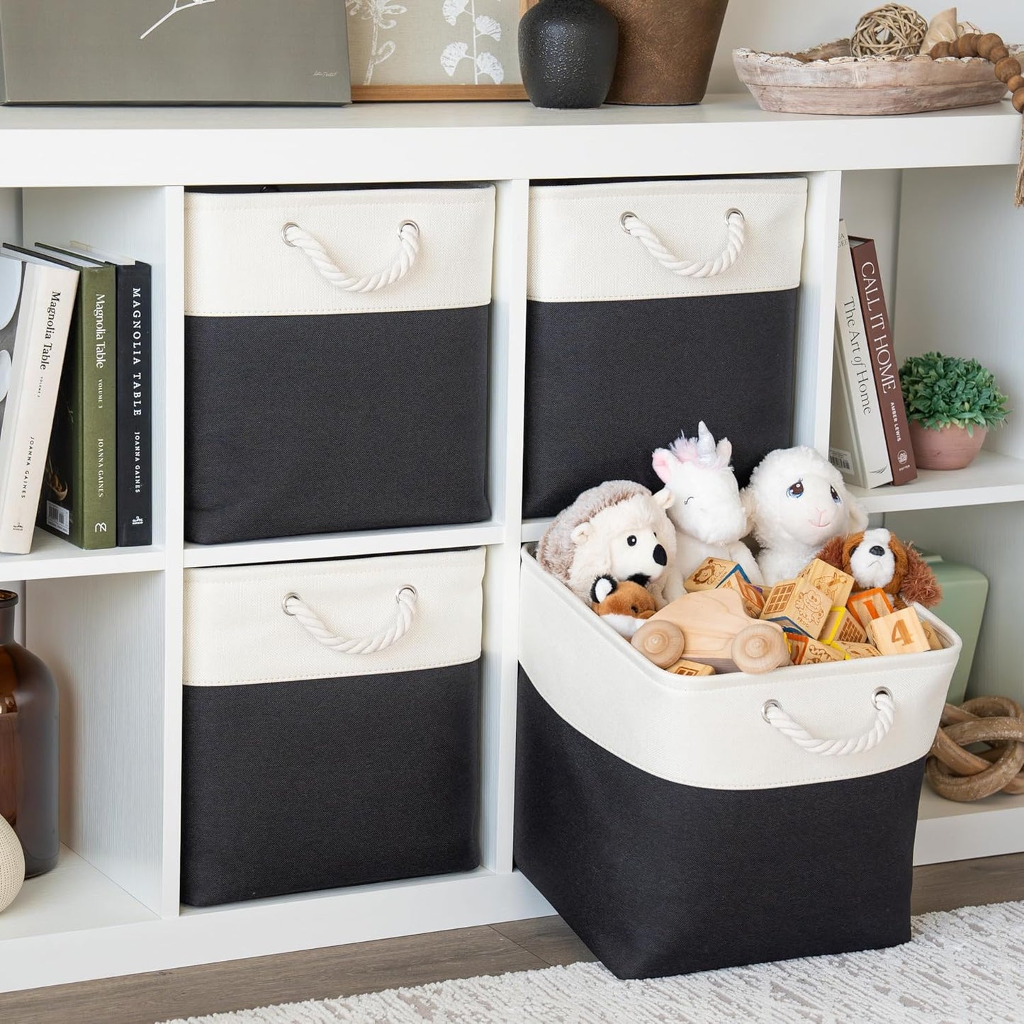 OrganiHaus 13x13 Cube Storage Bins 4 Pack, Foldable Cube Storage Organizer w/ Rope Handles, Collapsible Fabric Bins for Toys, Clothes & Closet Organization, Fabric Square Baskets - Black/White