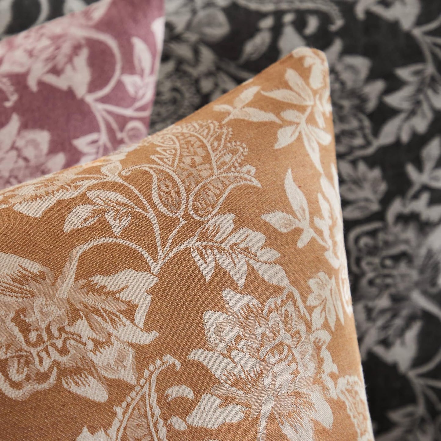 Floral Jacquard Throw Pillow Covers Set of 2, Background/Caramal 24x24 Inch, Farmhouse Decorative Cotton Caramal Cushion Covers for Sofa Bed Living Room Home Decor