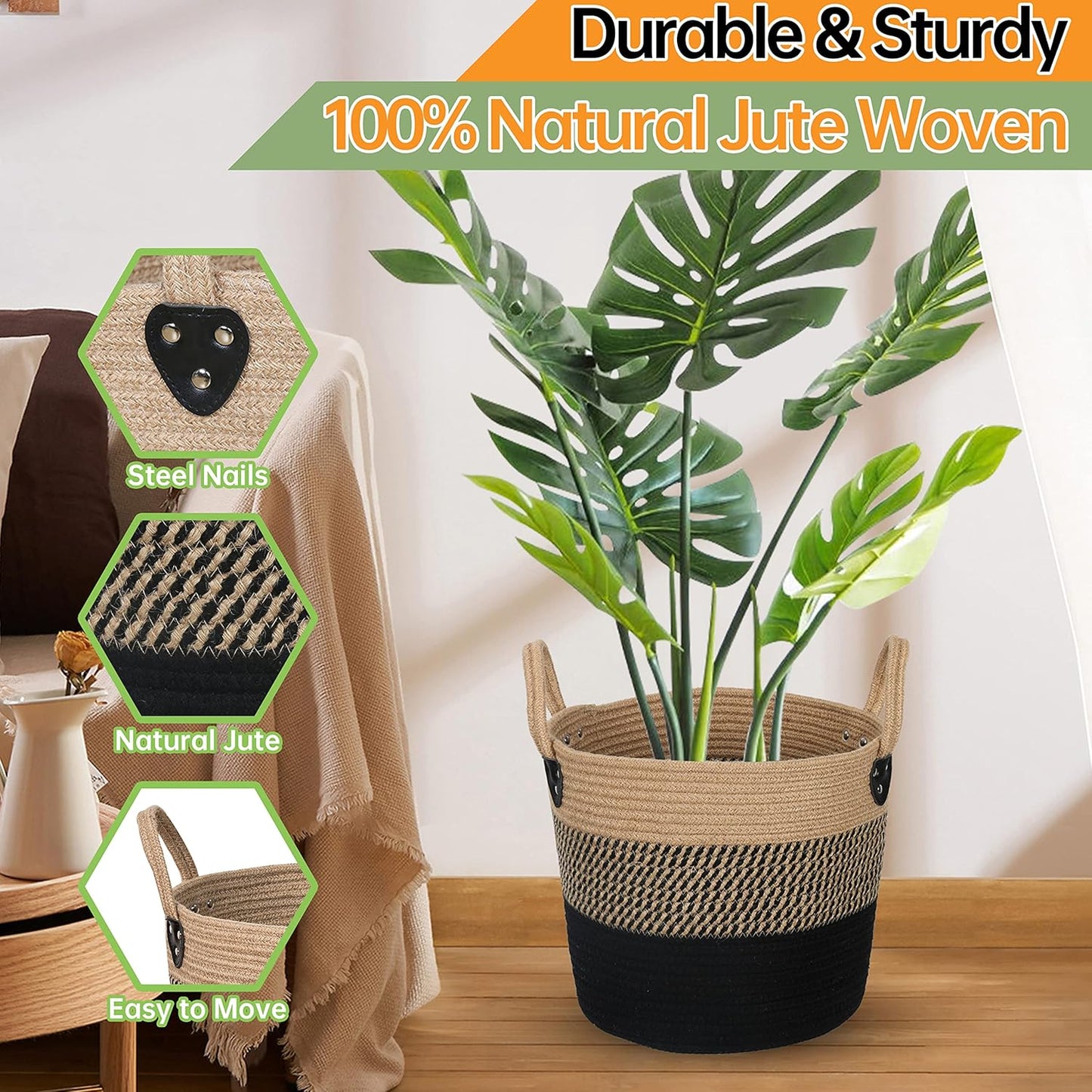 14"x12" Natural Jute Rope Woven Storage Basket with Handles for Plant, Blankets,Toys - Living Room Home Decor,Multifunctional Basket for Organizer,Picnic,Artificial Tree Black and Beige
