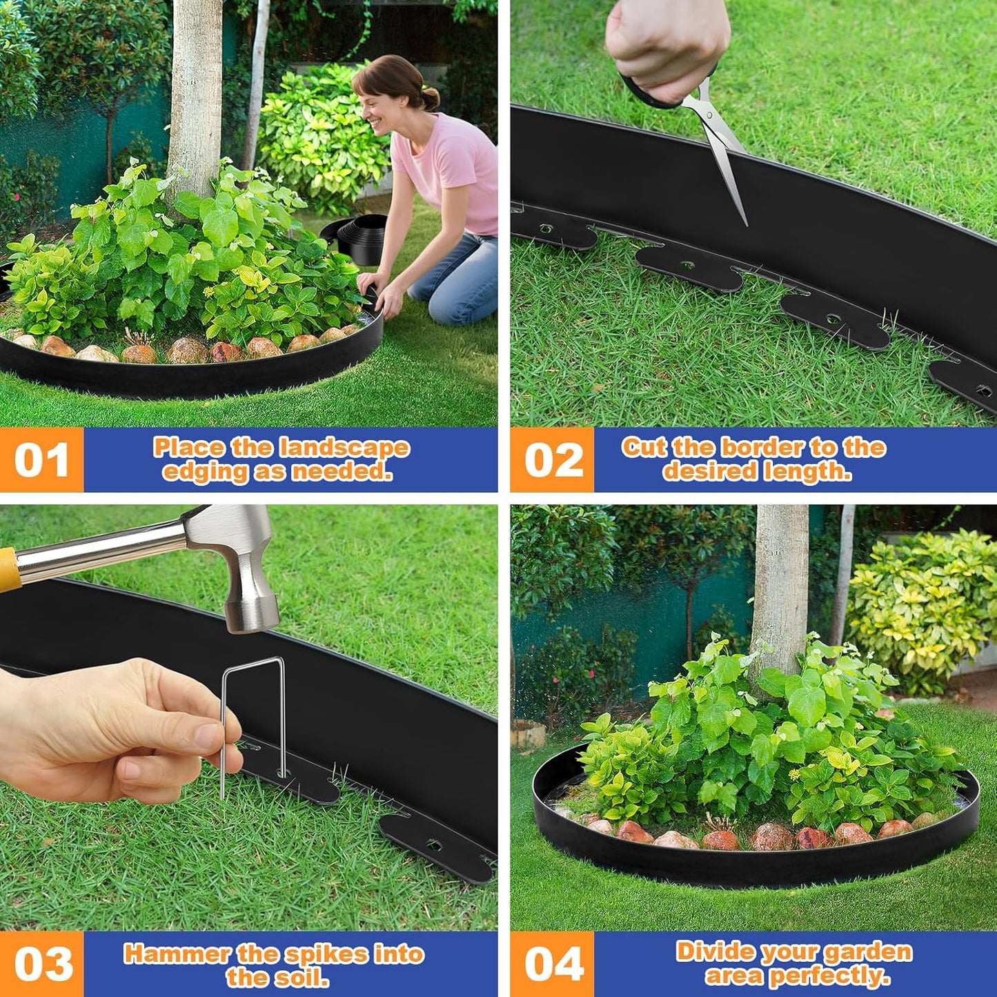 4 Inch x 66 FT (Multiple Sizes Available) Landscape Edging, Garden Edging Borders with 70pcs Upgrade Stakes, Flexible No Dig Plastic Garden Border for Lawn, Landscaping, Flower Beds, tree and Yard