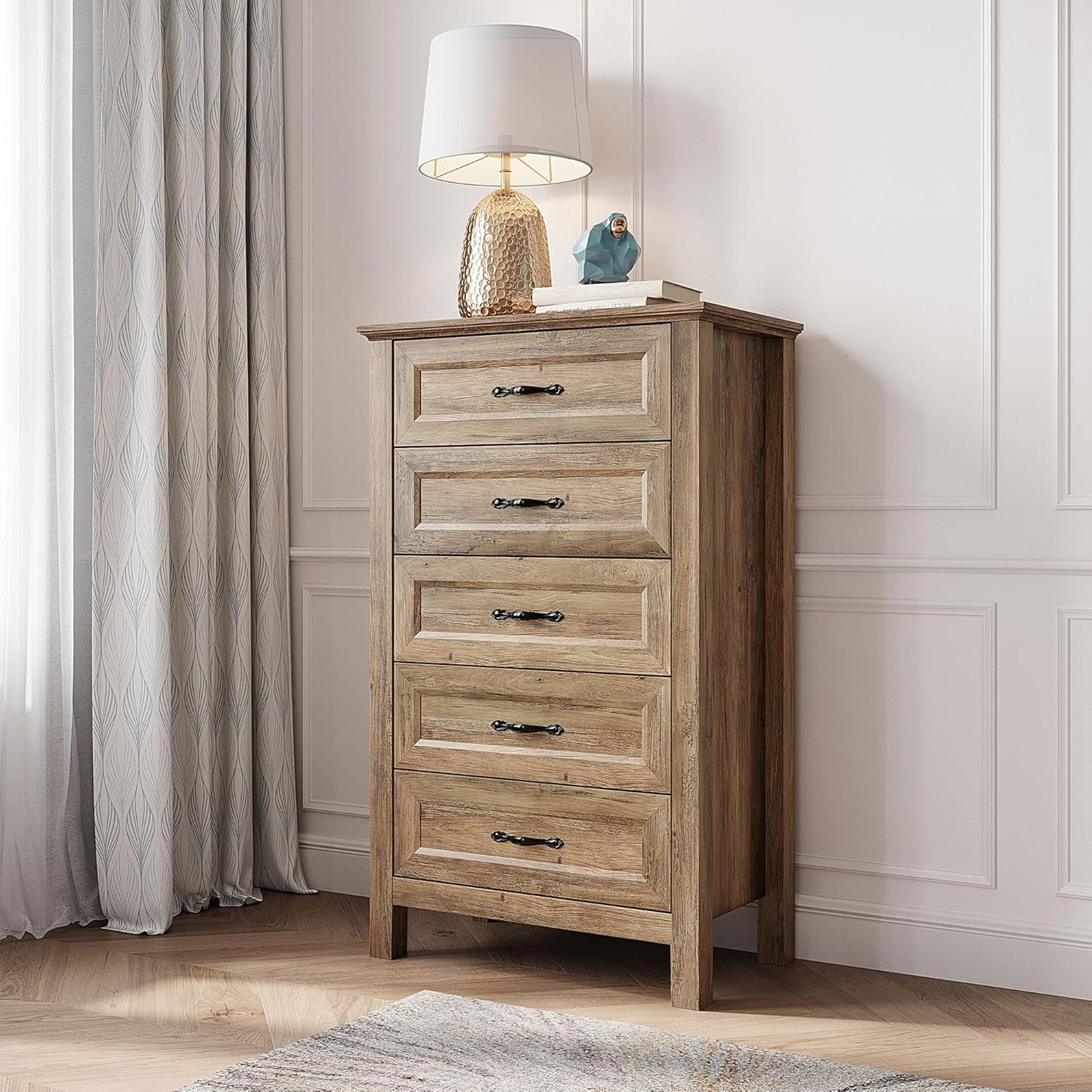 LINSY HOME 5 Drawers Dresser for Bedroom, Wood Tall Chest of Drawer with Metal Handle, Modern Farmhouse Dressers with Storage Organizer for Closet, Living Room, Hallway, Rustic Brown