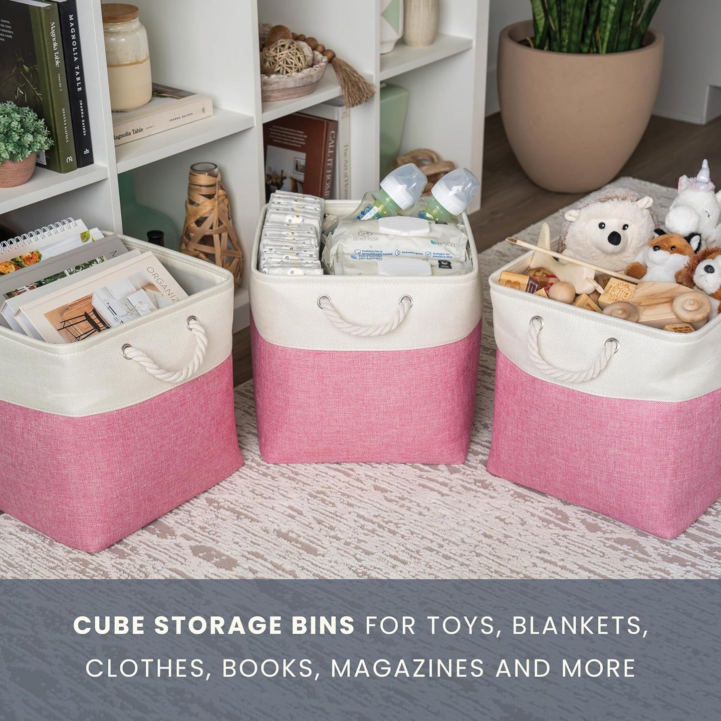 OrganiHaus 13x13 Cube Storage Bins 4 Pack, Foldable Cube Storage Organizer w/ Rope Handles, Collapsible Fabric Bins for Toys, Clothes & Closet Organization, Fabric Square Baskets - Pink/White