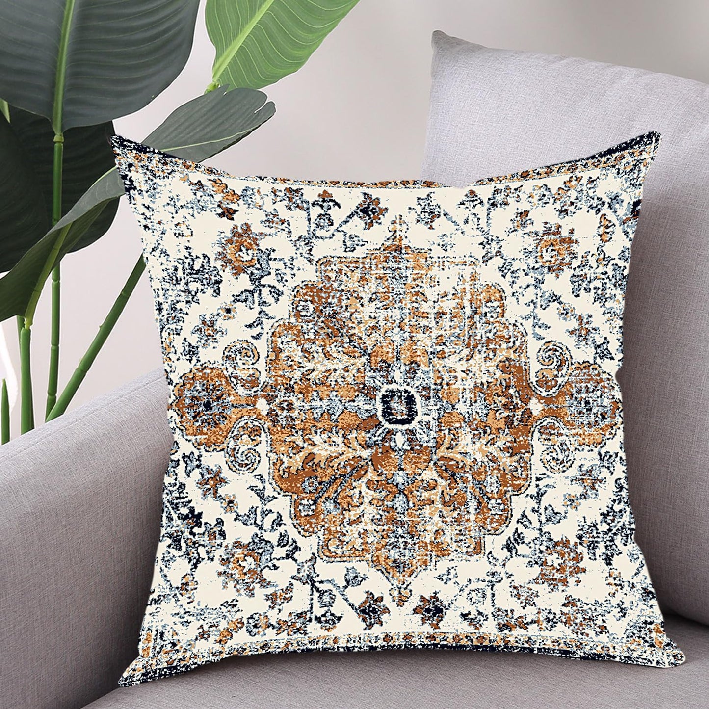 Outdoor Waterproof Pillow Set of 2 - 20x20 Inch Bohemian Vintage Carpet Pattern Pillow Covers - Gold Blue Ethnic Design - Decorative for Couch, Garden, Balcony