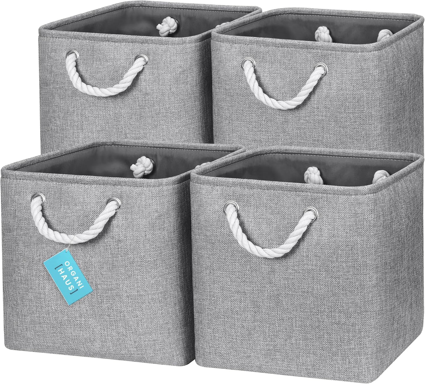 OrganiHaus 11x11 Cube Storage Bins 4 Pack, Foldable Cube Storage Organizer w/ Rope Handles, Collapsible Fabric Bins for Toys, Clothes & Closet Organization, Fabric Square Baskets - Gray